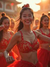 a woman in a festival-inspired outfit, dancing with a group of friends , capturing the energetic and lively atmosphere