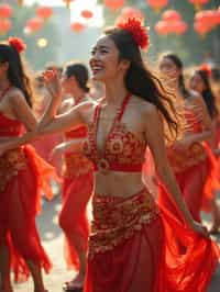 a woman in a festival-inspired outfit, dancing with a group of friends , capturing the energetic and lively atmosphere