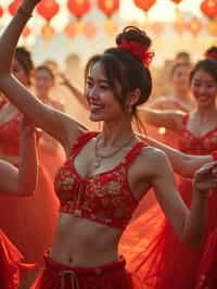 a woman in a festival-inspired outfit, dancing with a group of friends , capturing the energetic and lively atmosphere