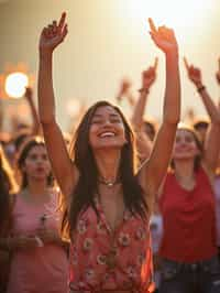 a woman enjoying the live music on a sunny day, surrounded by colorful festival-goers  and raising their hands in excitement