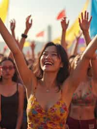 a woman enjoying the live music on a sunny day, surrounded by colorful festival-goers  and raising their hands in excitement