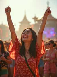 a woman enjoying the live music on a sunny day, surrounded by colorful festival-goers  and raising their hands in excitement