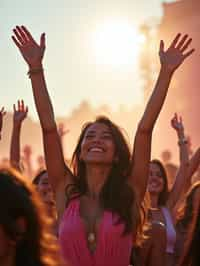 a woman enjoying the live music on a sunny day, surrounded by colorful festival-goers  and raising their hands in excitement