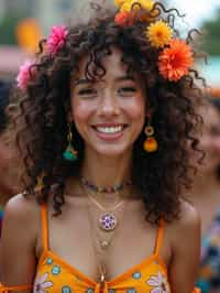 a stunning woman with flowing curly hair and flower accessories , capturing the essence of festival fashion and individuality