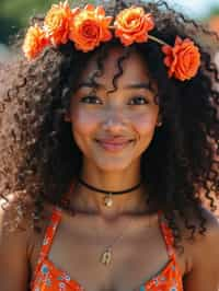 a stunning woman with flowing curly hair and flower accessories , capturing the essence of festival fashion and individuality