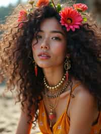 a stunning woman with flowing curly hair and flower accessories , capturing the essence of festival fashion and individuality