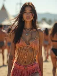 a woman in a fringed crop top and high-waisted shorts , embodying the free-spirited and carefree nature of a music festival