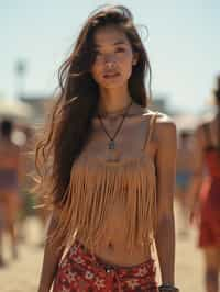 a woman in a fringed crop top and high-waisted shorts , embodying the free-spirited and carefree nature of a music festival