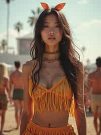 a woman in a fringed crop top and high-waisted shorts , embodying the free-spirited and carefree nature of a music festival