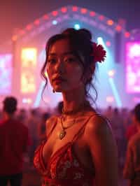 an incredibly attractive woman in a festival outfit, embracing the festival vibes and posing against a backdrop of colorful stage lights and decorations