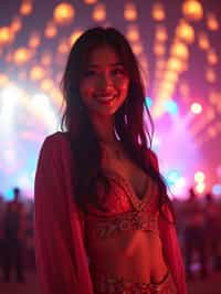 an incredibly attractive woman in a festival outfit, embracing the festival vibes and posing against a backdrop of colorful stage lights and decorations