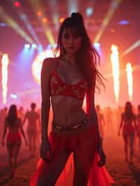 an incredibly attractive woman in a festival outfit, embracing the festival vibes and posing against a backdrop of colorful stage lights and decorations