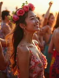 a stunning woman as a festival-goer, dancing and enjoying the music in a vibrant crowd, wearing a boho chic dress and flower crown