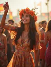 a stunning woman as a festival-goer, dancing and enjoying the music in a vibrant crowd, wearing a boho chic dress and flower crown