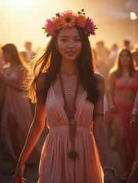 a stunning woman as a festival-goer, dancing and enjoying the music in a vibrant crowd, wearing a boho chic dress and flower crown