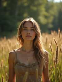 woman outside in nature in forest or jungle or a field of wheat enjoying the natural world