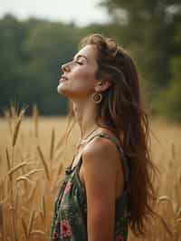 woman outside in nature in forest or jungle or a field of wheat enjoying the natural world