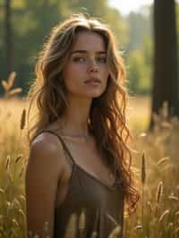 woman outside in nature in forest or jungle or a field of wheat enjoying the natural world