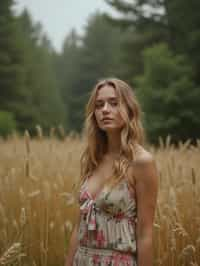 woman outside in nature in forest or jungle or a field of wheat enjoying the natural world