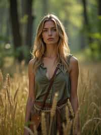 woman outside in nature in forest or jungle or a field of wheat enjoying the natural world