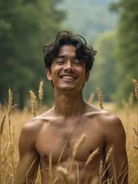 man outside in nature in forest or jungle or a field of wheat enjoying the natural world