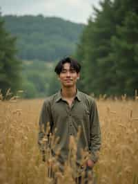 man outside in nature in forest or jungle or a field of wheat enjoying the natural world