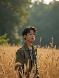 man outside in nature in forest or jungle or a field of wheat enjoying the natural world