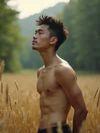 man outside in nature in forest or jungle or a field of wheat enjoying the natural world