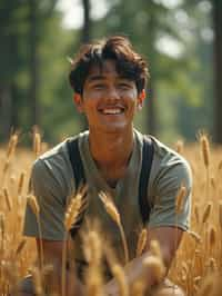 man outside in nature in forest or jungle or a field of wheat enjoying the natural world