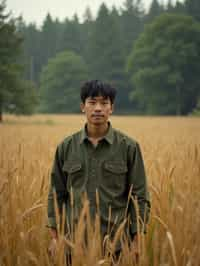 man outside in nature in forest or jungle or a field of wheat enjoying the natural world