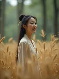 woman outside in nature in forest or jungle or a field of wheat enjoying the natural world