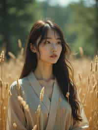 woman outside in nature in forest or jungle or a field of wheat enjoying the natural world