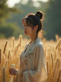 woman outside in nature in forest or jungle or a field of wheat enjoying the natural world