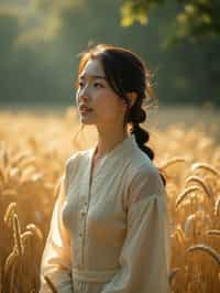 woman outside in nature in forest or jungle or a field of wheat enjoying the natural world