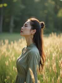 woman outside in nature in forest or jungle or a field of wheat enjoying the natural world