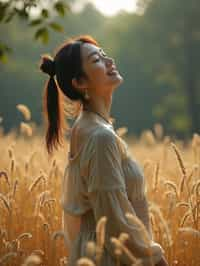 woman outside in nature in forest or jungle or a field of wheat enjoying the natural world