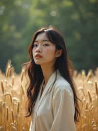 woman outside in nature in forest or jungle or a field of wheat enjoying the natural world