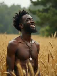 man outside in nature in forest or jungle or a field of wheat enjoying the natural world