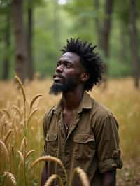 man outside in nature in forest or jungle or a field of wheat enjoying the natural world