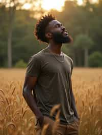 man outside in nature in forest or jungle or a field of wheat enjoying the natural world