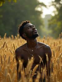 man outside in nature in forest or jungle or a field of wheat enjoying the natural world