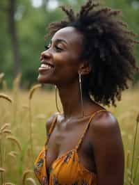 woman outside in nature in forest or jungle or a field of wheat enjoying the natural world