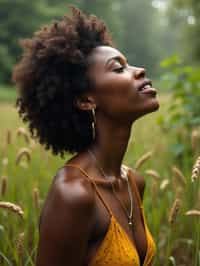 woman outside in nature in forest or jungle or a field of wheat enjoying the natural world