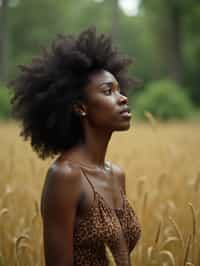 woman outside in nature in forest or jungle or a field of wheat enjoying the natural world