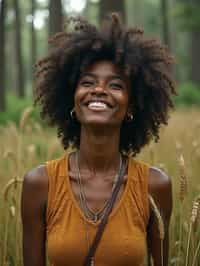 woman outside in nature in forest or jungle or a field of wheat enjoying the natural world