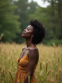 woman outside in nature in forest or jungle or a field of wheat enjoying the natural world