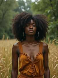 woman outside in nature in forest or jungle or a field of wheat enjoying the natural world