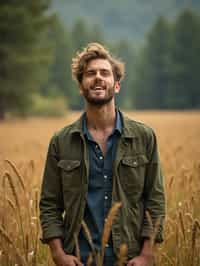 man outside in nature in forest or jungle or a field of wheat enjoying the natural world