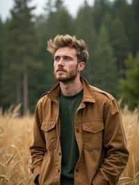 man outside in nature in forest or jungle or a field of wheat enjoying the natural world