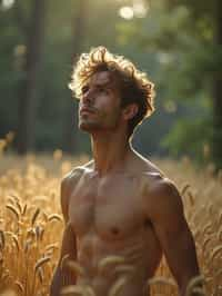 man outside in nature in forest or jungle or a field of wheat enjoying the natural world